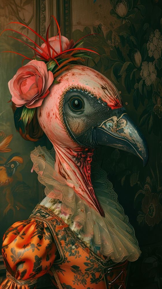 Bird costumes wearing Odalisque surrealism wallpaper painting animal art.