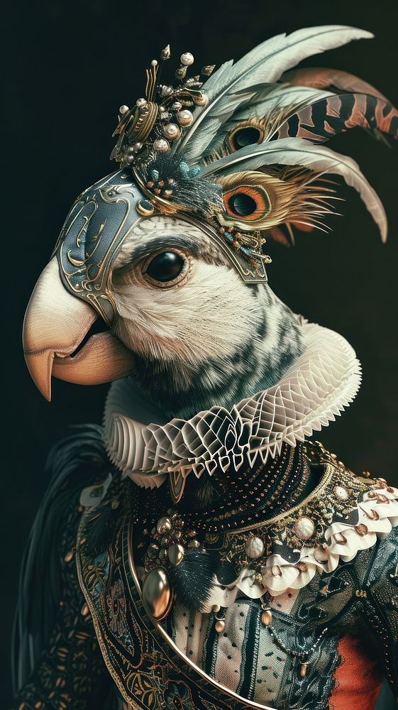 Bird costumes wearing Odalisque surrealism wallpaper animal art portrait.