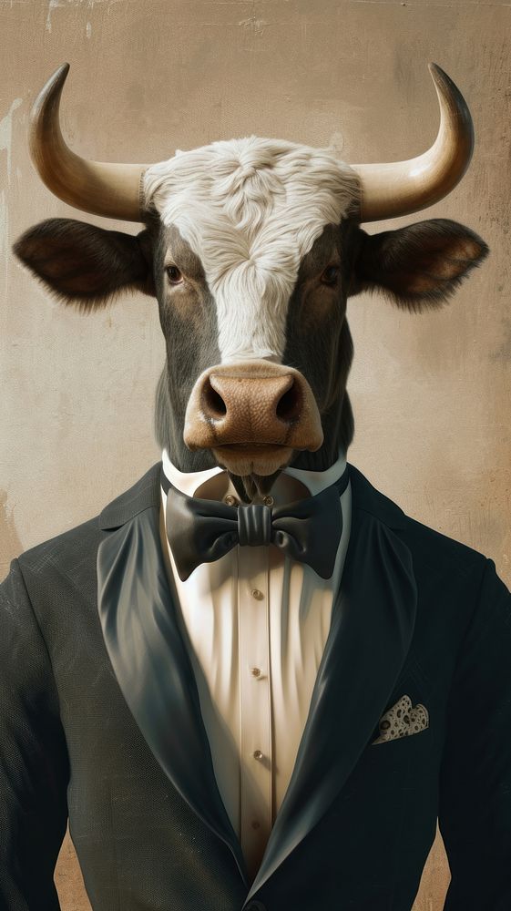 Bull costumes wearing tuxedo surrealism wallpaper portrait animal livestock.