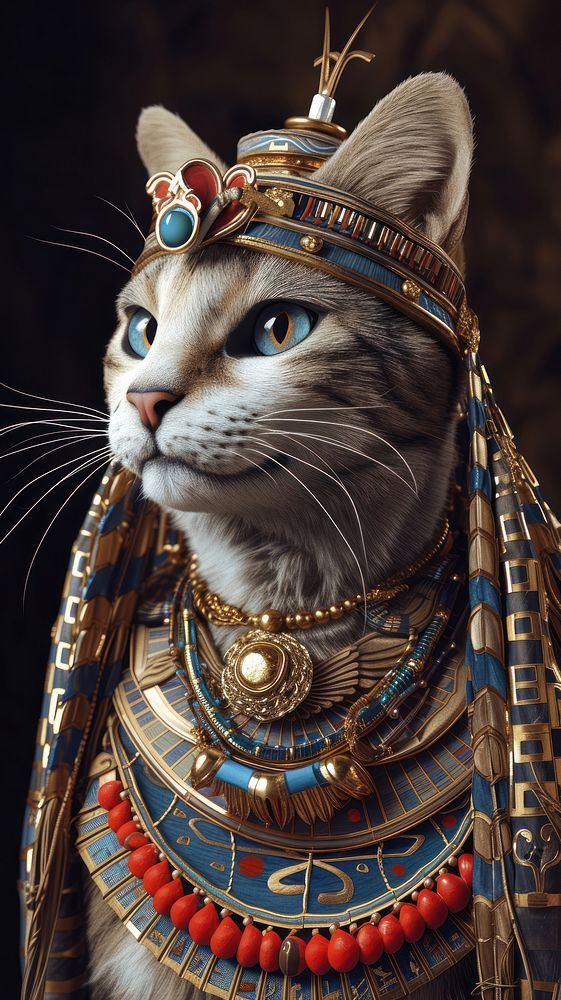Cat costumes wearing Cleopatra surrealism wallpaper animal necklace portrait.