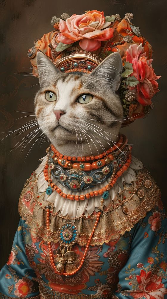 Cat costumes wearing Cleopatra surrealism wallpaper portrait painting animal.
