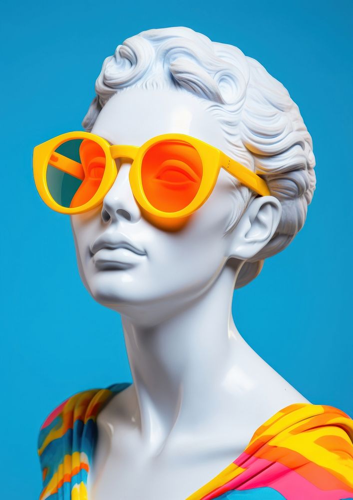 Woman statue wearing sunglasses adult vibrant color accessories.