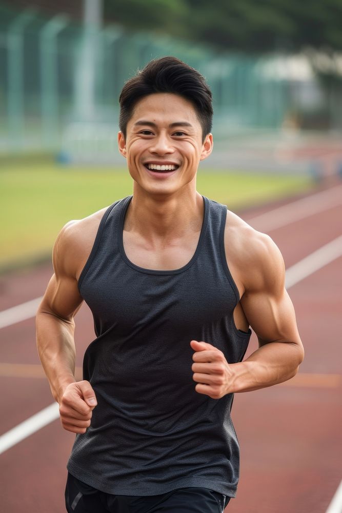 Running portrait smiling jogging.