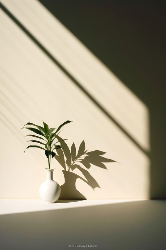 Shadow cast on solid background light plant vase.