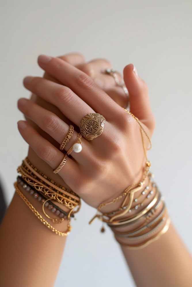 Jewelry on wrists bracelet finger ring.