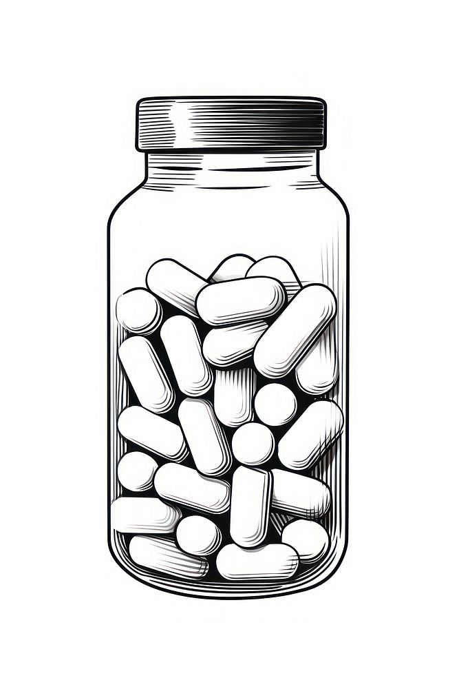 Pills bottle jar white background monochrome.