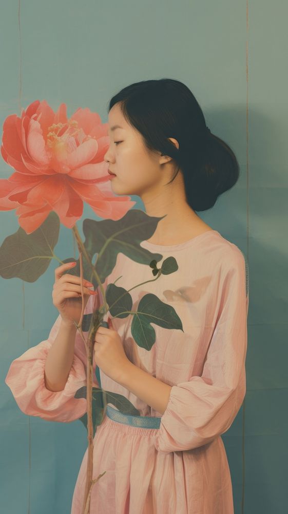 Asian woman holding flower portrait painting plant.