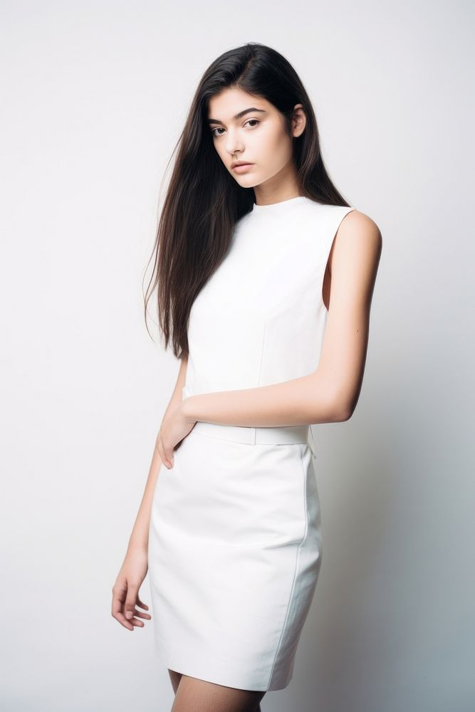 Teen woman wearing blank white fitted dress with tab fashion portrait adult.