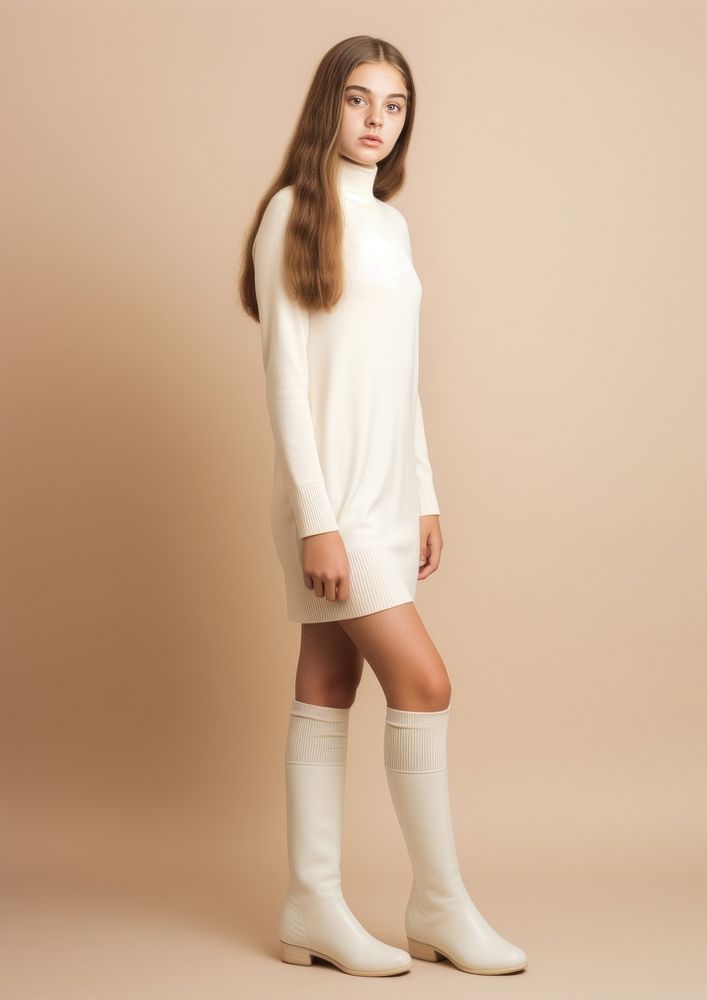 Teen woman wearing blank white knit mock turtleneck dress and long boot footwear fashion sleeve.