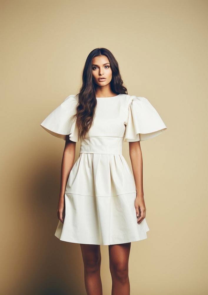 Teen woman wearing blank white leather effect dress fashion sleeve adult.