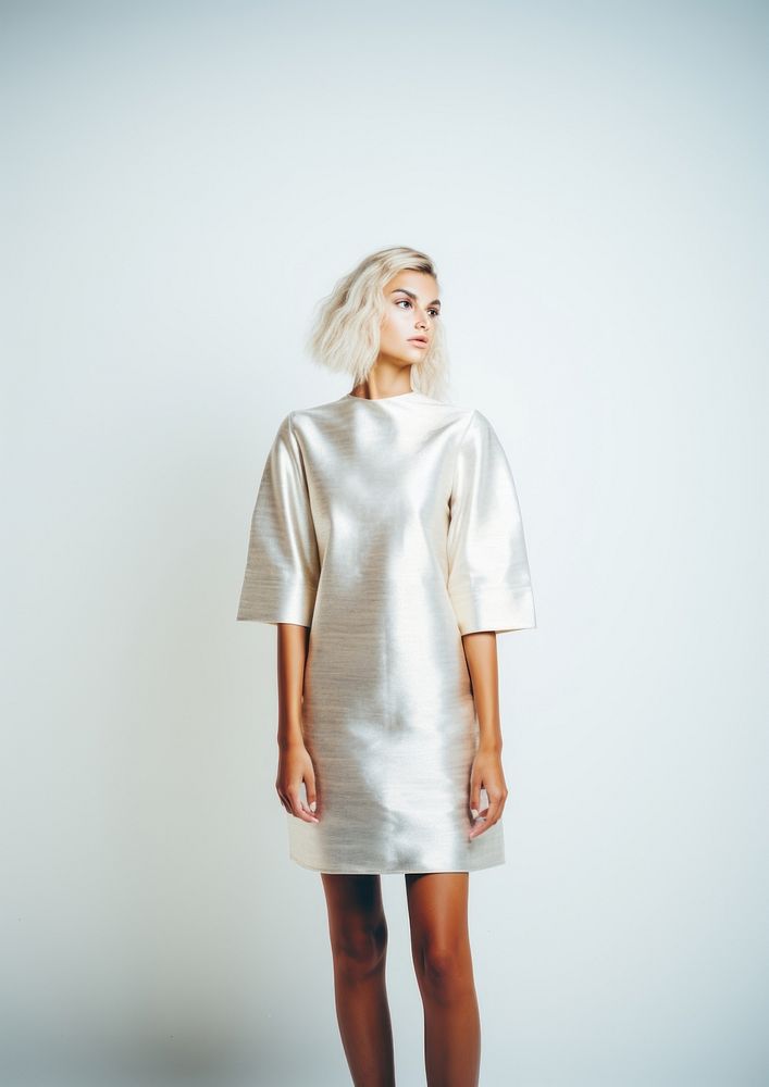 Teen woman wearing blank white short stretch knit metallic dress fashion sleeve adult.