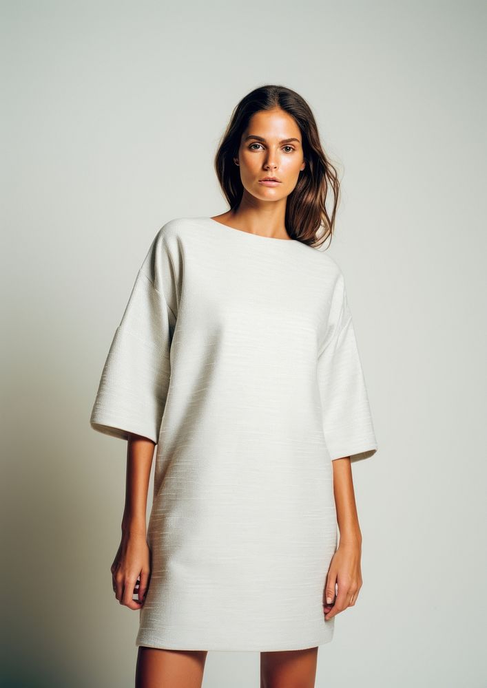 Teen woman wearing blank white short stretch knit metallic dress fashion sleeve adult.