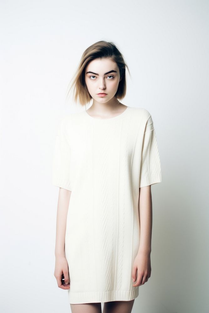Teen woman wearing blank white short knit dress fashion portrait t-shirt.