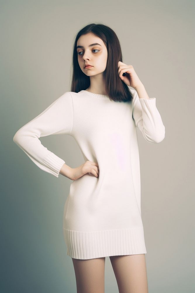Teen woman wearing blank white short knit dress portrait sweater fashion.