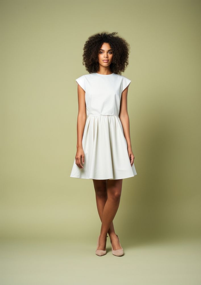 Teen woman wearing blank white short stretch knit metallic dress fashion footwear skirt.