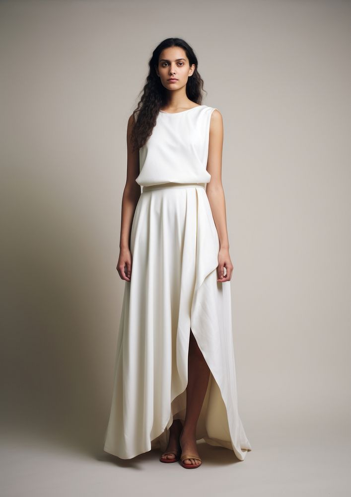 Teen woman wearing blank white sleeveless draped midi dress fashion adult gown.