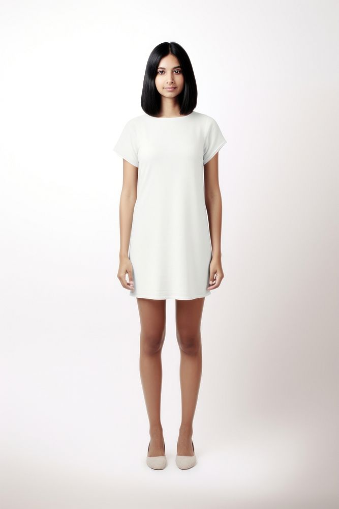 Woman wearing blank white short stretch knit dress fashion adult white background.
