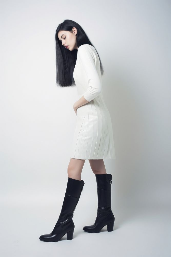 Woman wearing blank white soft fitted dress and black long boot footwear portrait adult.