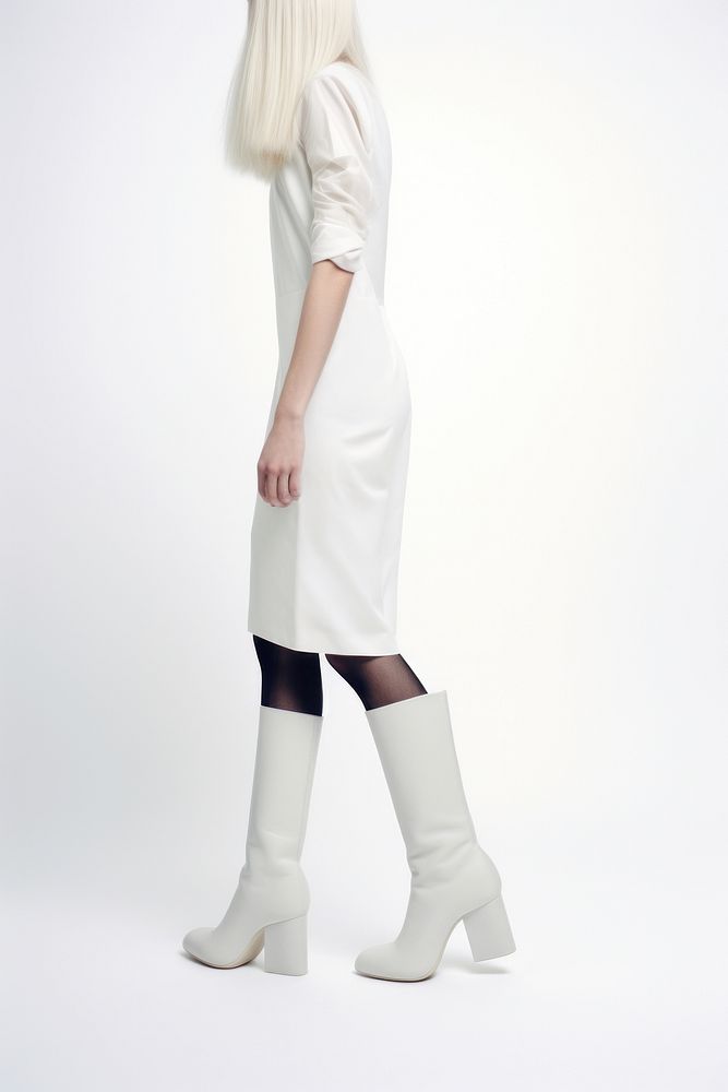 Woman wearing blank white soft fitted dress and black long boot footwear adult shoe.