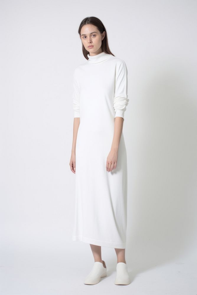 Woman wearing blank white terry knit midi dress fashion sleeve adult.