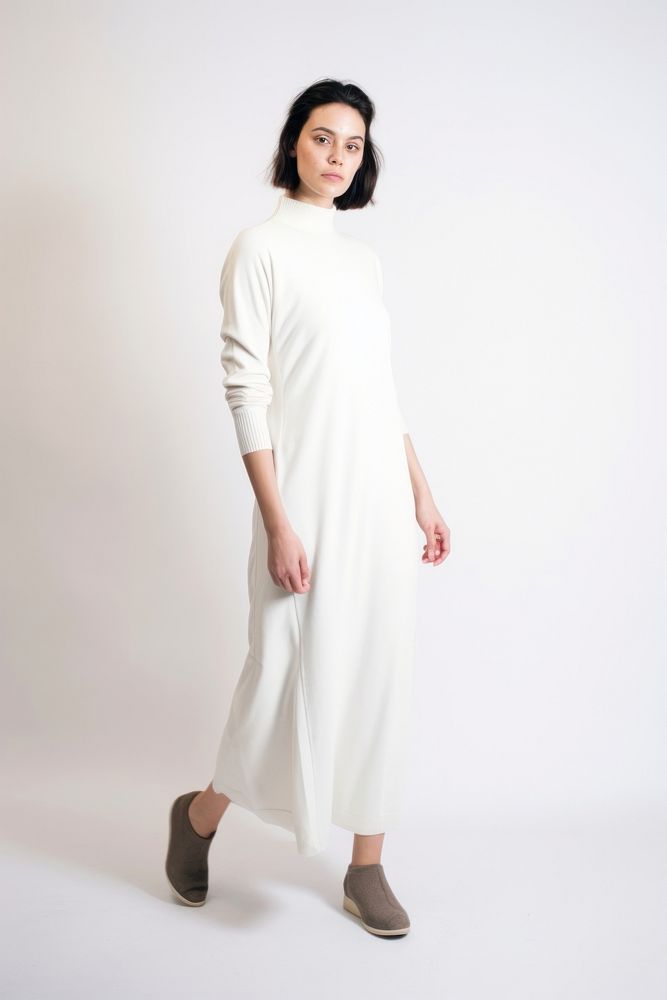 Woman wearing blank white terry knit midi dress standing fashion sleeve.