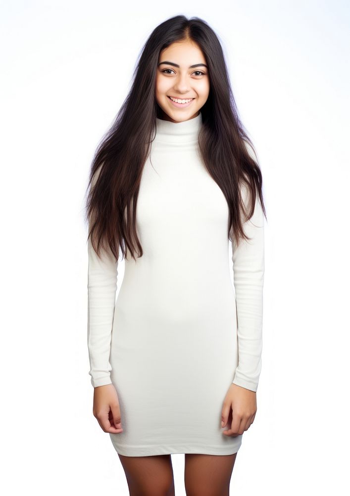 A teen woman wearing blank white knit mock turtleneck dress sleeve smile adult.