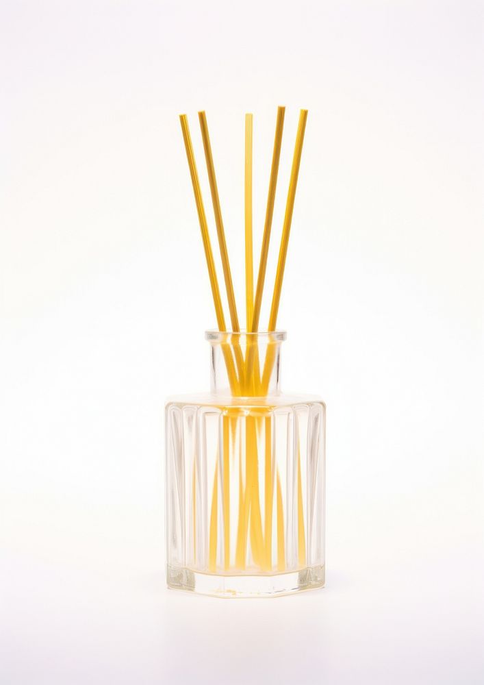 Budget amber glass retro reed diffuser bottle vase white background.