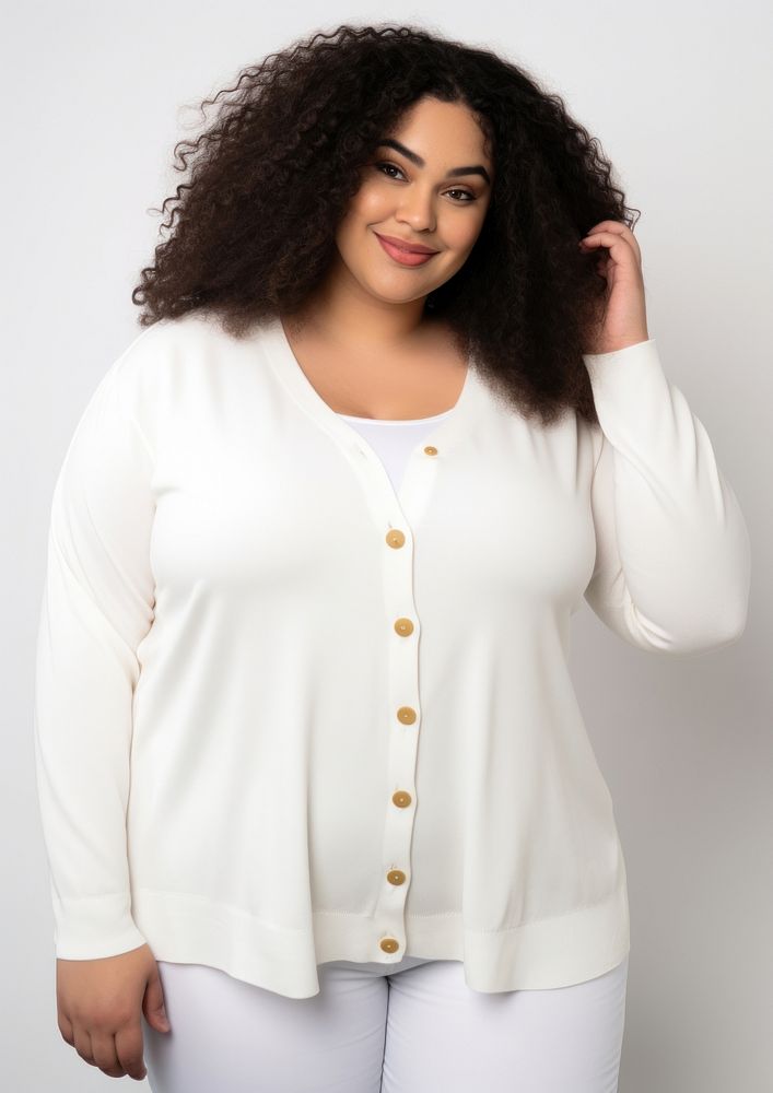 Plus size woman wearing blank white knit cardigan with golden buttons blouse adult white background.