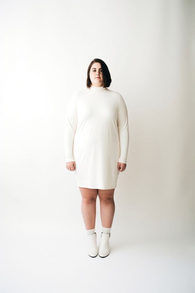 Plus size woman wearing blank white knit mock turtleneck short dress footwear standing fashion.