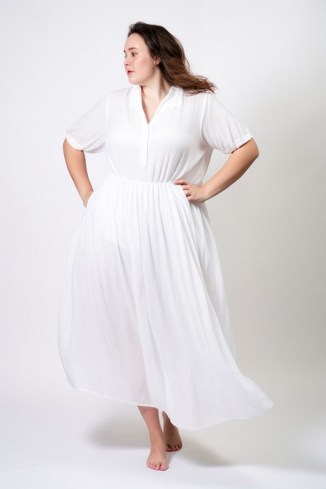 Plus size woman wearing blank white smocked-waist textured dress fashion adult gown.