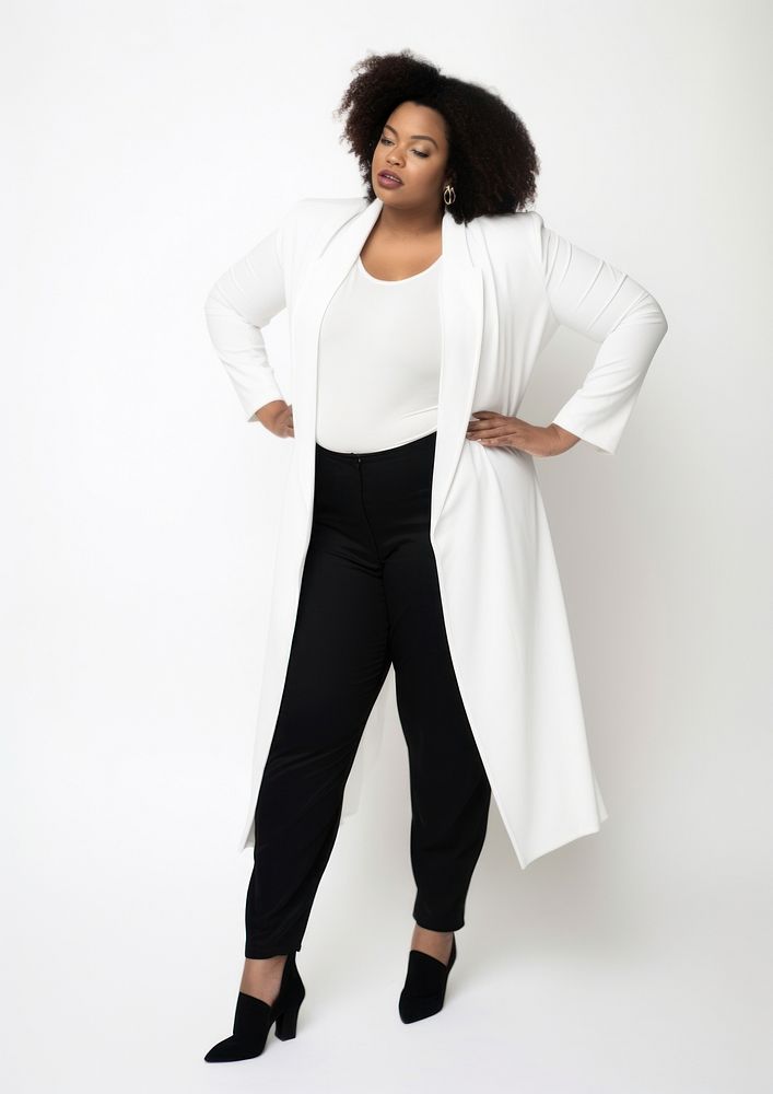 Plus size woman wearing blank white blazer with rolled-up sleeves and black long boot footwear adult white background.