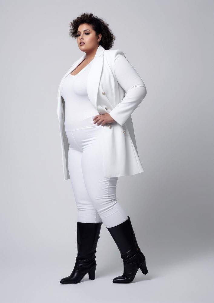 Plus size woman wearing blank white blazer with rolled-up sleeves and black long boot footwear portrait fashion.