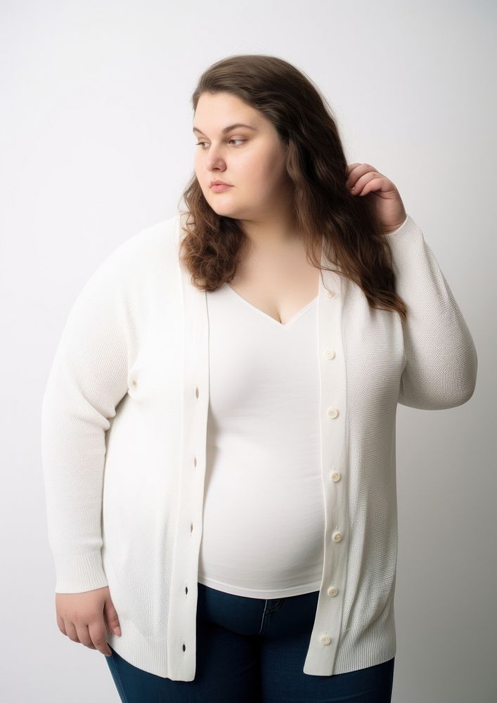 Plus size woman wearing blank white knit cardigan with golden buttons sweater adult white background.