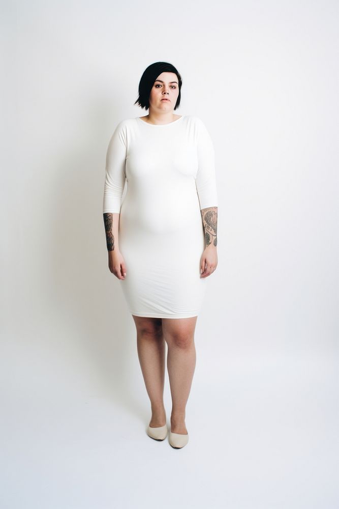 Plus size woman wearing blank white short stretch knit dress fashion sleeve adult.