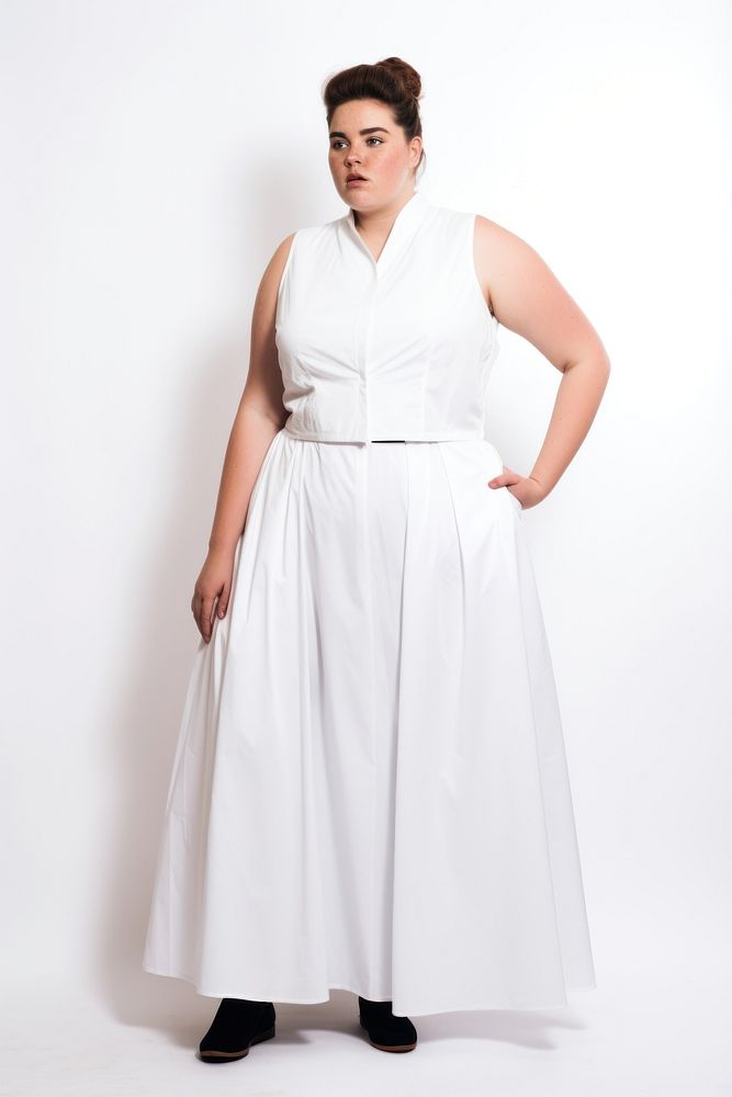 Plus size woman wearing blank white waistcoat dress with box pleat skirt fashion adult gown.