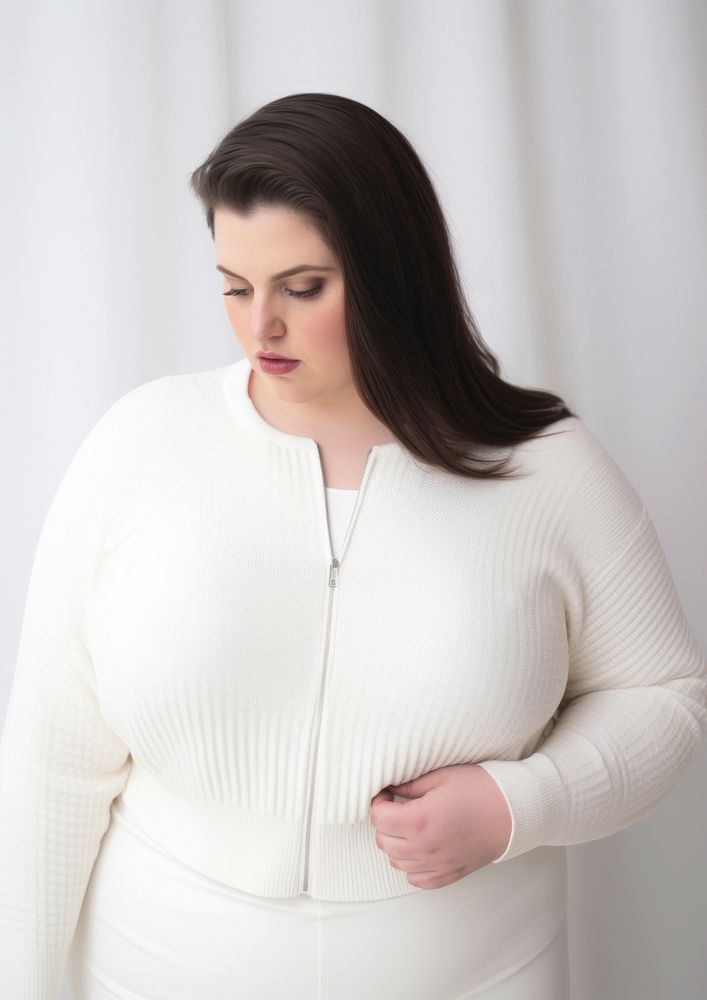 Plus size woman wearing blank white crop knit sweater with zip portrait adult photo.