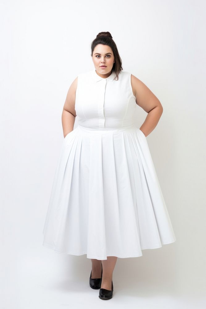 Plus size woman wearing blank white waistcoat dress with box pleat skirt portrait fashion adult.