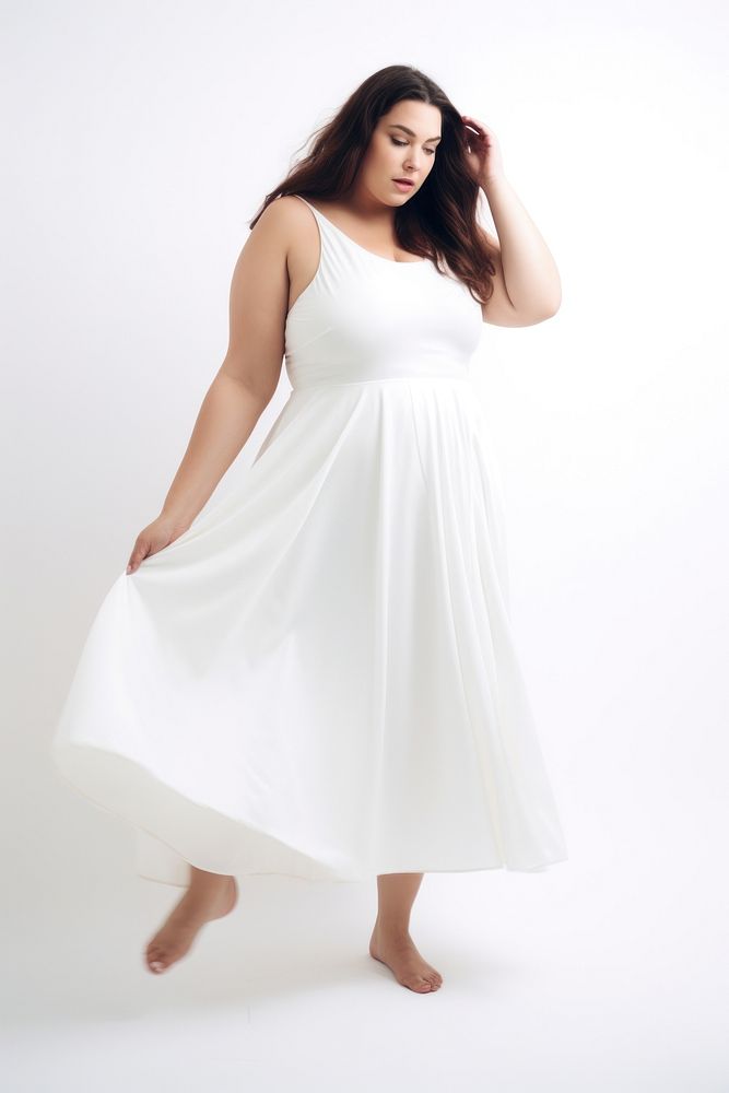 Plus size woman wearing blank white satin midi dress fashion adult gown.