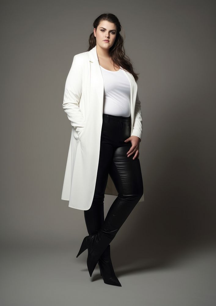 Plus size woman wearing blank white blazer with rolled-up sleeves and black long boot overcoat jacket adult.