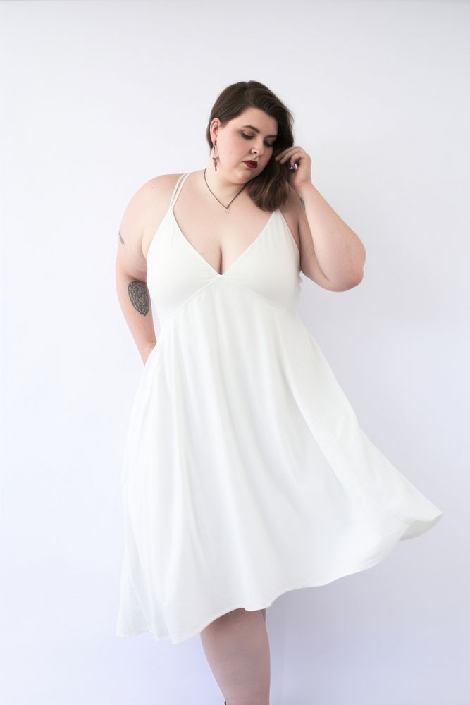 Plus size woman wearing blank white short slip dress portrait fashion adult.