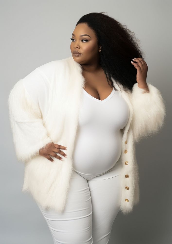 Plus size woman wearing blank white faux fur knit cardigan with gold buttons adult outerwear hairstyle.