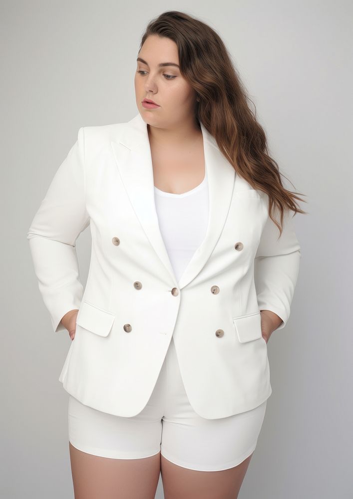Plus size woman wearing blank white short double-breasted twill blazer jacket coat outerwear.