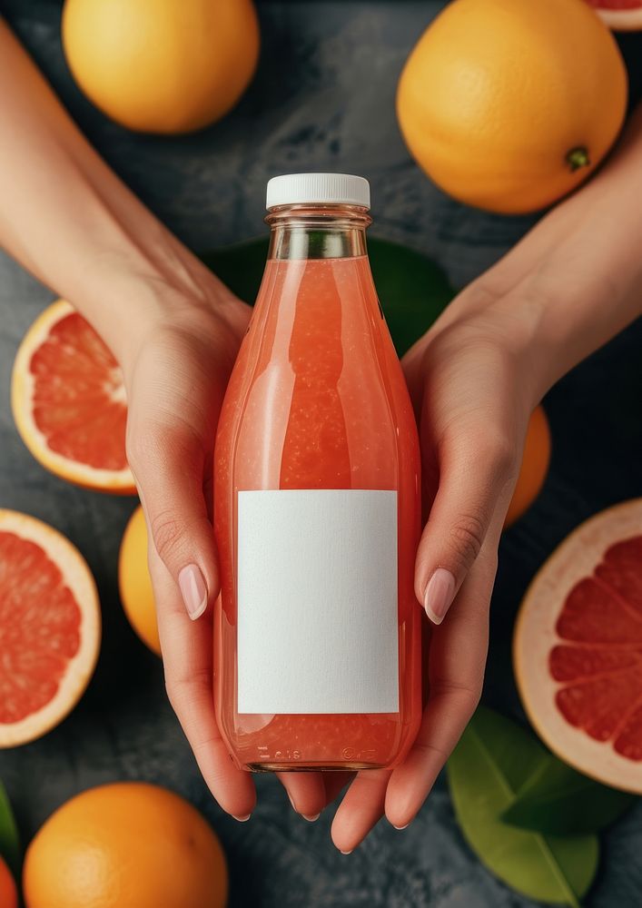 Woman holding a bottle of grapefruit juice plant food refreshment.