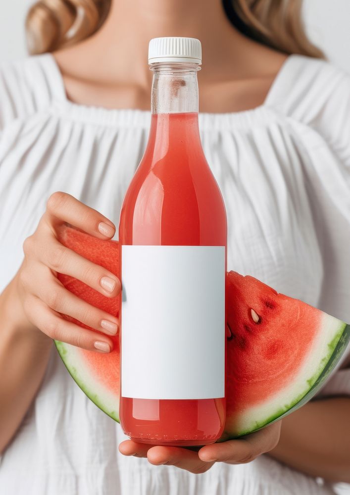 Woman holding a bottle of watermelon juice fruit plant food.