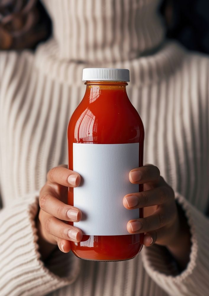 Woman holding a bottle of tomato juice food refreshment midsection.