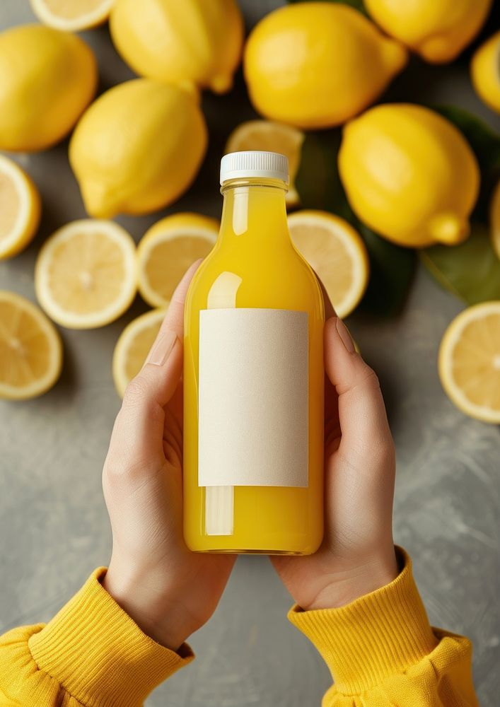 Woman holding a bottle of lemon juice fruit drink plant.
