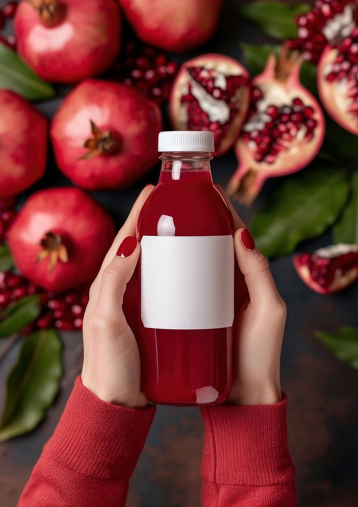 Woman holding a bottle of pomegranate juice fruit plant food.
