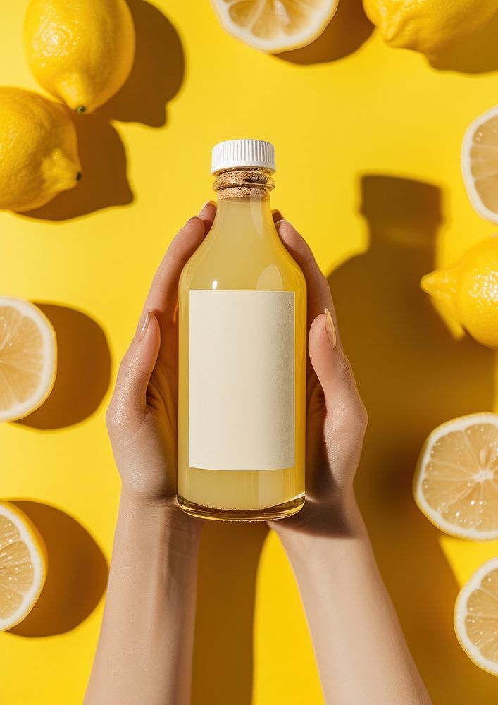 Woman holding a bottle of lemon juice lemonade fruit drink.
