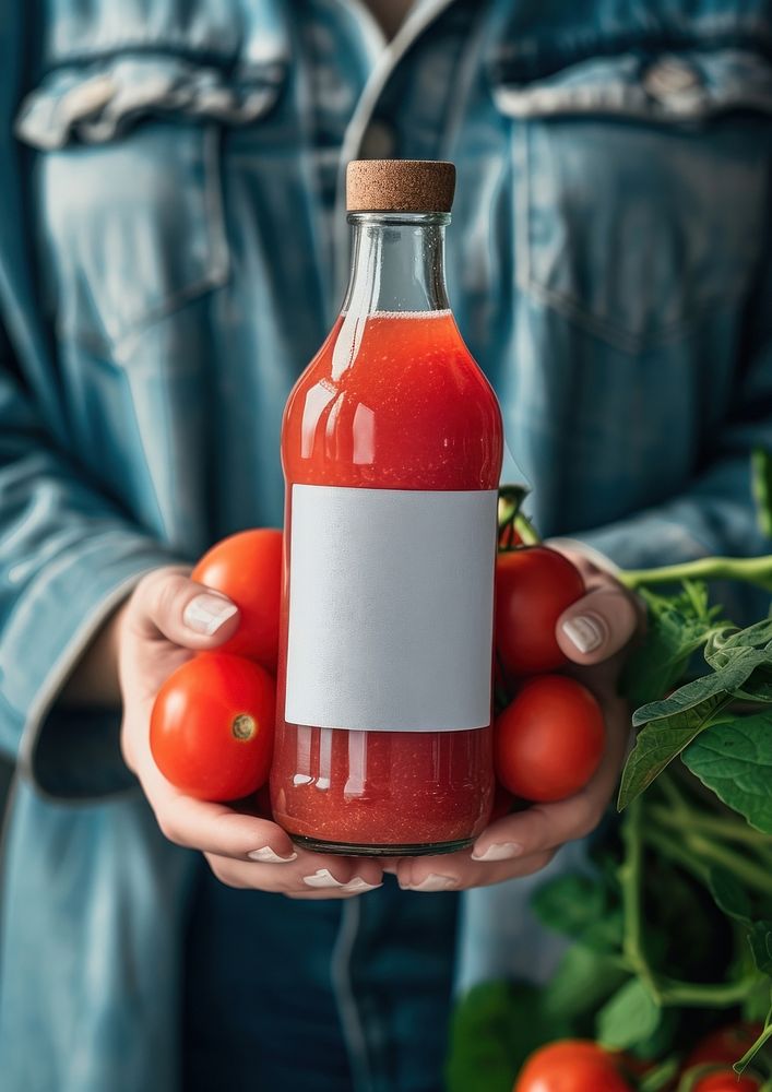 Woman holding a bottle of tomato juice food refreshment agriculture.