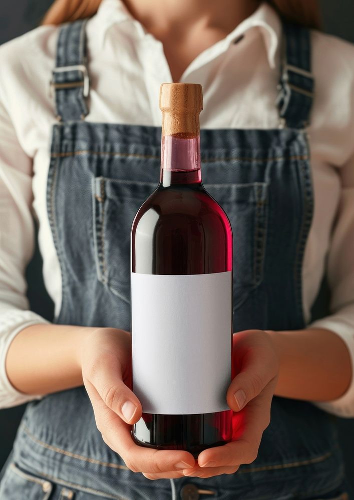 Woman holding a bottle of grape juice drink wine refreshment.
